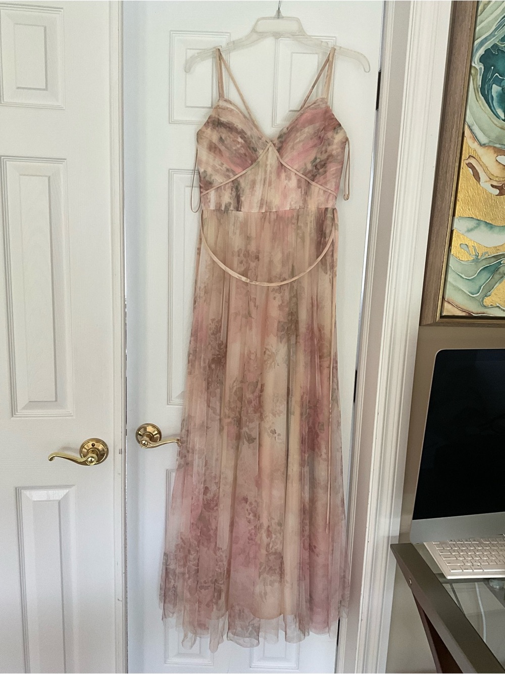 Italian Designer Floral Maxi Dress with honing and cream, pink, and sage tulle